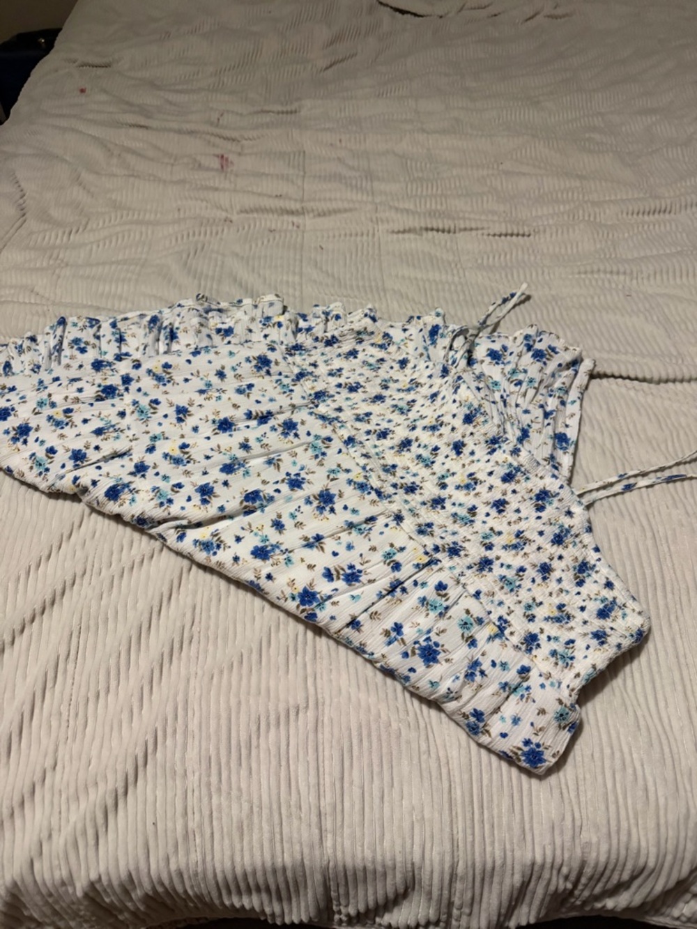 White Floral Smocked Crop Top with Blue Flowers